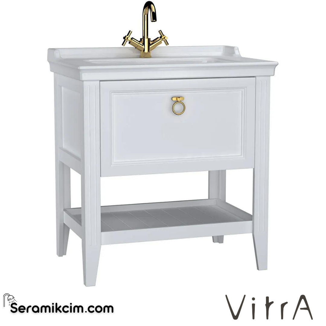 Vitra Valarte Lavabo Dolabı, 80 Cm, Çekmeceli, Etajerli Lavabolu, Tek Armatür Delikli, Krom Kulplu, Mat Beyaz - 62180