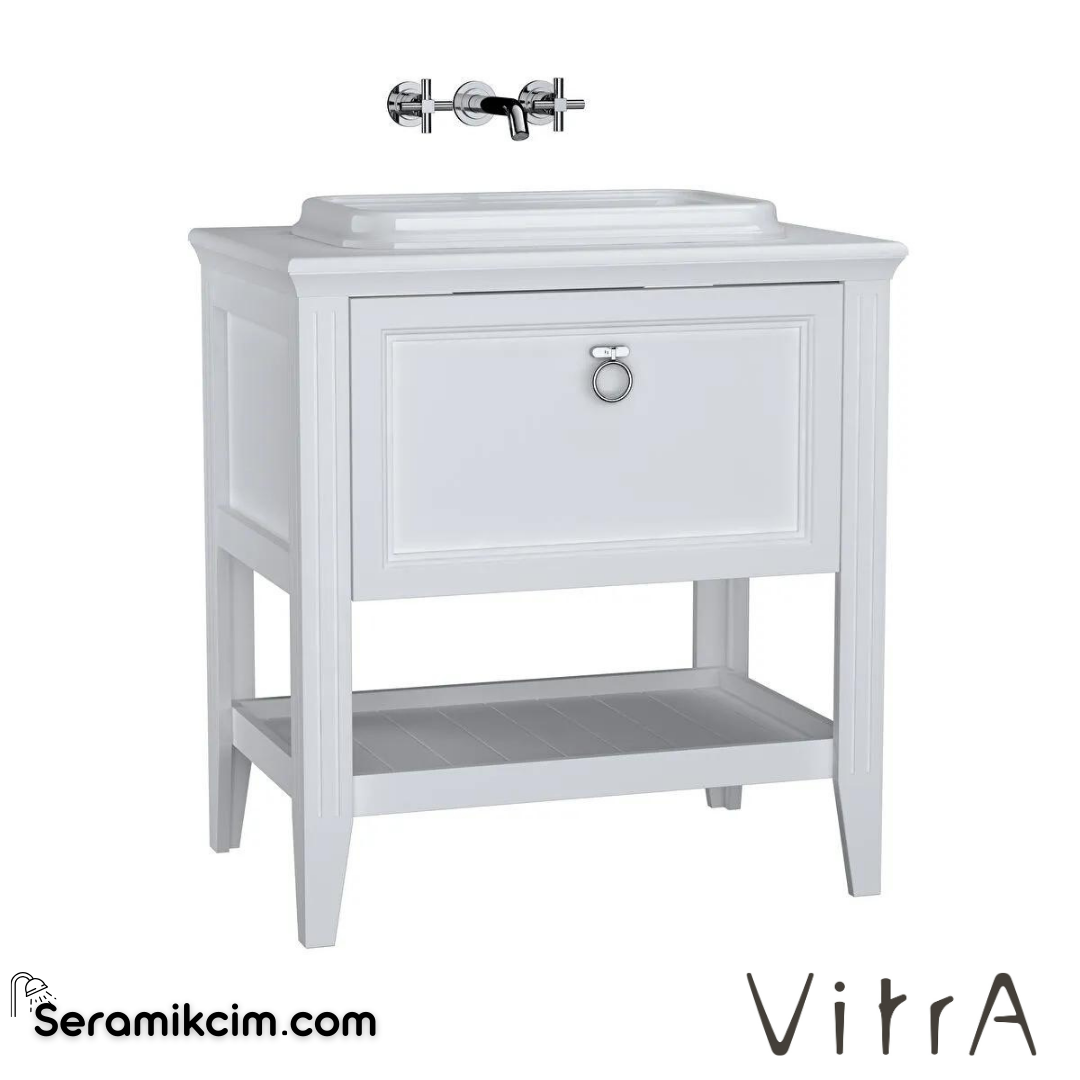 Vitra Valarte Lavabo Dolabı, 80 Cm, Çekmeceli, Tezgahüstü Lavabolu, Krom Kulplu, Mat Beyaz - 62195