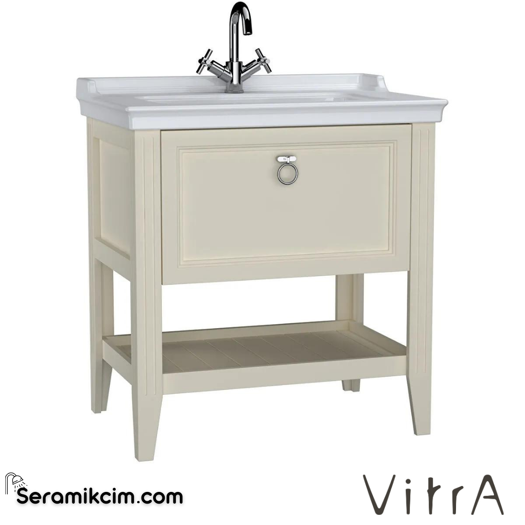 Vitra Valarte Lavabo Dolabı, 80 Cm, Çekmeceli, Etajerli Lavabolu, Tek Armatür Delikli, Krom Kulplu, Mat Fildişi - 62182