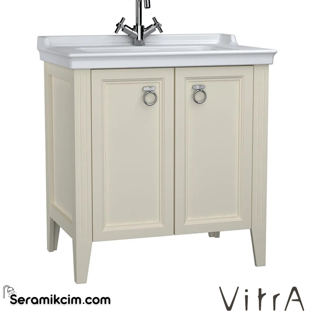 Vitra Valarte Lavabo Dolabı, 80 Cm, Kapaklı, Etajerli Lavabolu, Tek Armatür Delikli, Krom Kulplu, Mat Fildişi - 62155