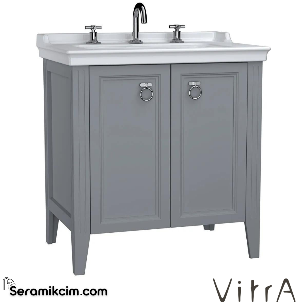 Vitra Valarte Lavabo Dolabı, 80 Cm, Kapaklı, Etajerli Lavabolu, Üç Armatür Delikli, Krom Kulplu, Mat Gri - 62163