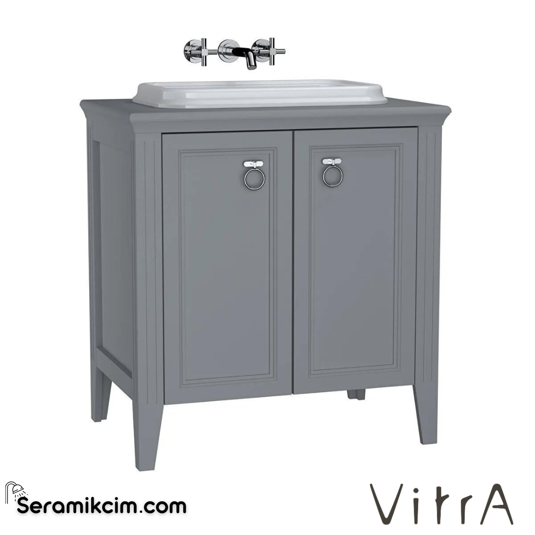 Vitra Valarte Lavabo Dolabı, 80 Cm, Kapaklı, Tezgahüstü Lavabolu, Krom Kulplu, Mat Gri - 62169