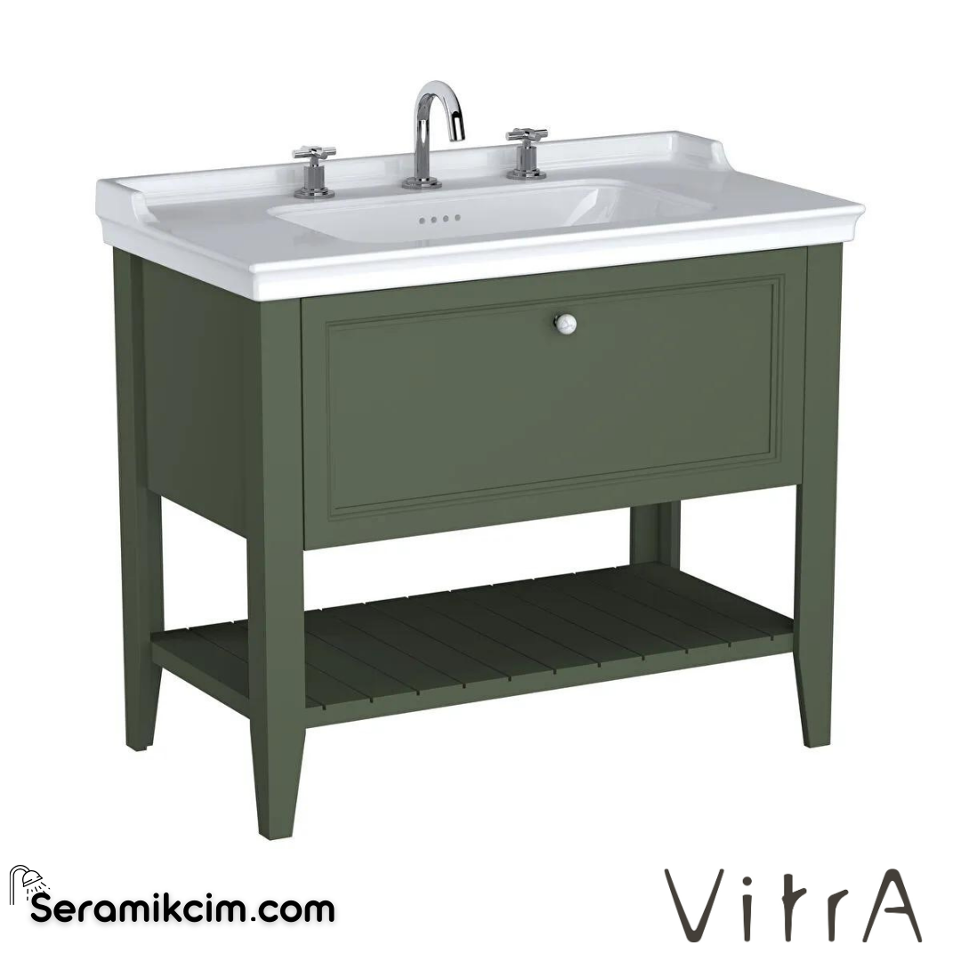 Vitra Valarte Neo Lavabo Dolabı, 100 Cm, Çekmeceli, Etajerli Lavabolu, Üç Armatür Delikli, Retro Yeşil - 65819