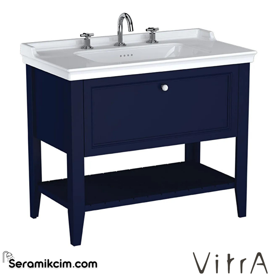 Vitra Valarte Neo Lavabo Dolabı, 100 Cm, Çekmeceli, Etajerli Lavabolu, Üç Armatür Delikli, Çelik Mavisi - 65780
