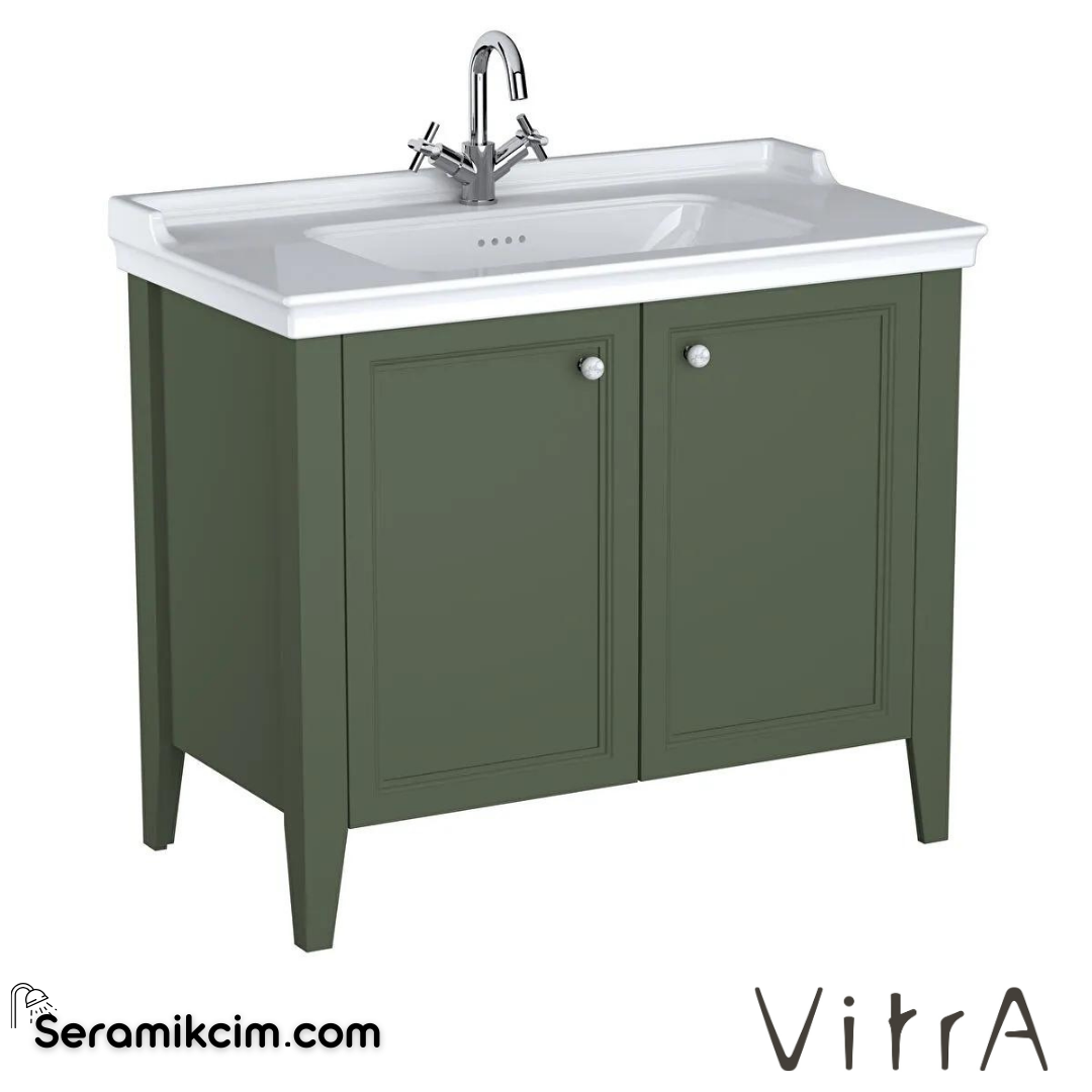 Vitra Valarte Neo Lavabo Dolabı, 100 Cm, Kapaklı, Etajerli Lavabolu, Tek Armatür Delikli, Retro Yeşil - 65806