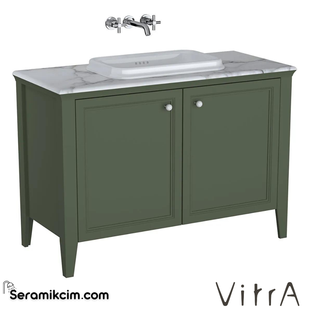 Vitra Valarte Neo Lavabo Dolabı, 120 Cm, Kapaklı, Tezgahüstü Lavabolu, Mermer Tezgahlı, Retro Yeşil - 65840
