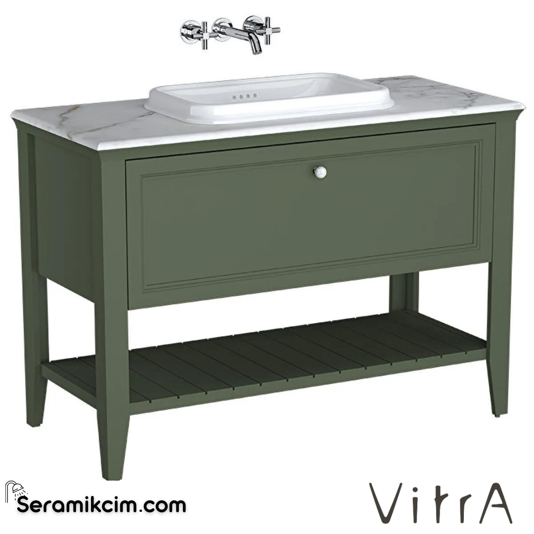 Vitra Valarte Neo Lavabo Dolabı, 120 Cm, Çekmeceli, Tezgahüstü Lavabolu, Mermer Tezgahlı, Retro Yeşil - 65822