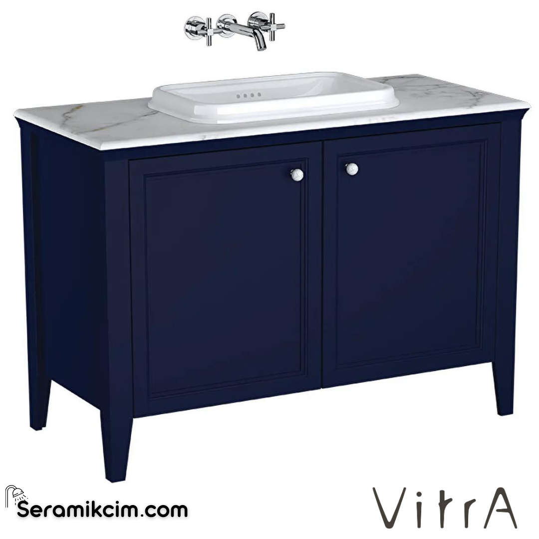 Vitra Valarte Neo Lavabo Dolabı, 120 Cm, Kapaklı, Tezgahüstü Lavabolu, Mermer Tezgahlı, Çelik Mavisi - 65774