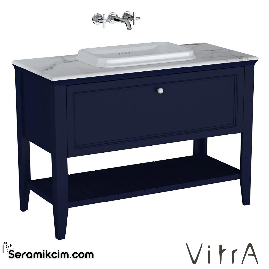 Vitra Valarte Neo Lavabo Dolabı, 120 Cm, Çekmeceli, Tezgahüstü Lavabolu, Mermer Tezgahlı, Çelik Mavisi - 65783