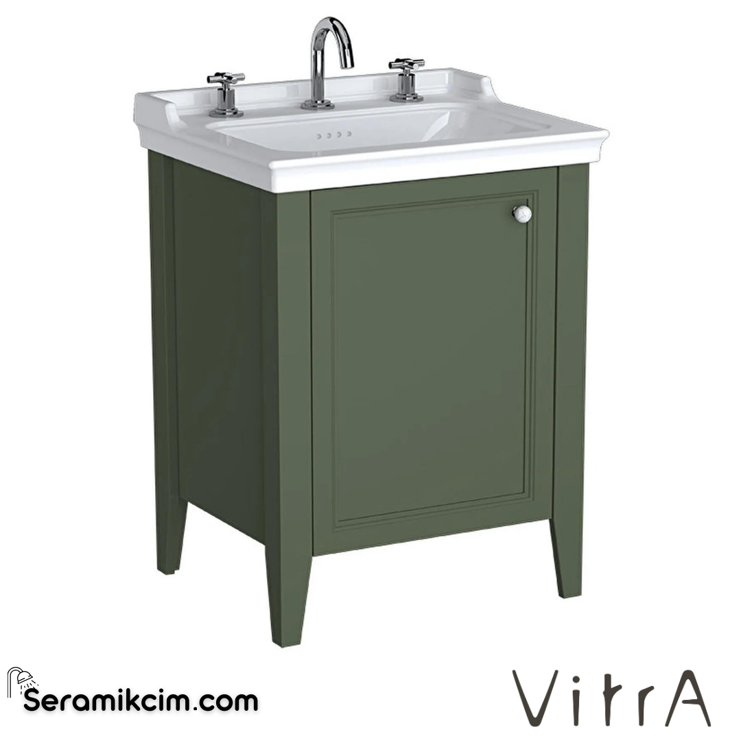 Vitra Valarte Neo Lavabo Dolabı, 65 Cm, Kapaklı, Etajerli Lavabolu, Üç Armatür Delikli, Retro Yeşil, Sol - 65834