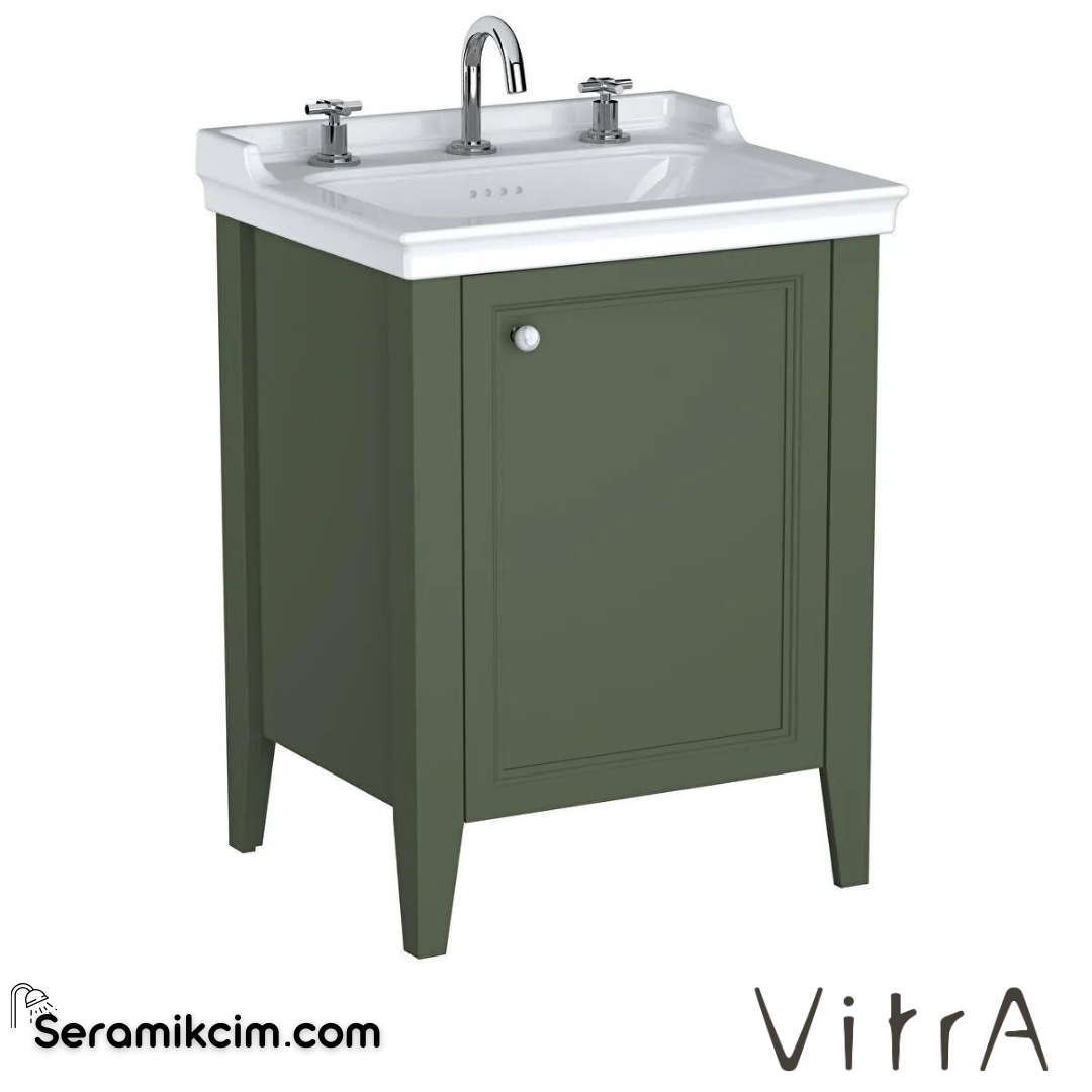 Vitra Valarte Neo Lavabo Dolabı, 65 Cm, Kapaklı, Etajerli Lavabolu, Üç Armatür Delikli, Retro Yeşil, Sağ - 65835