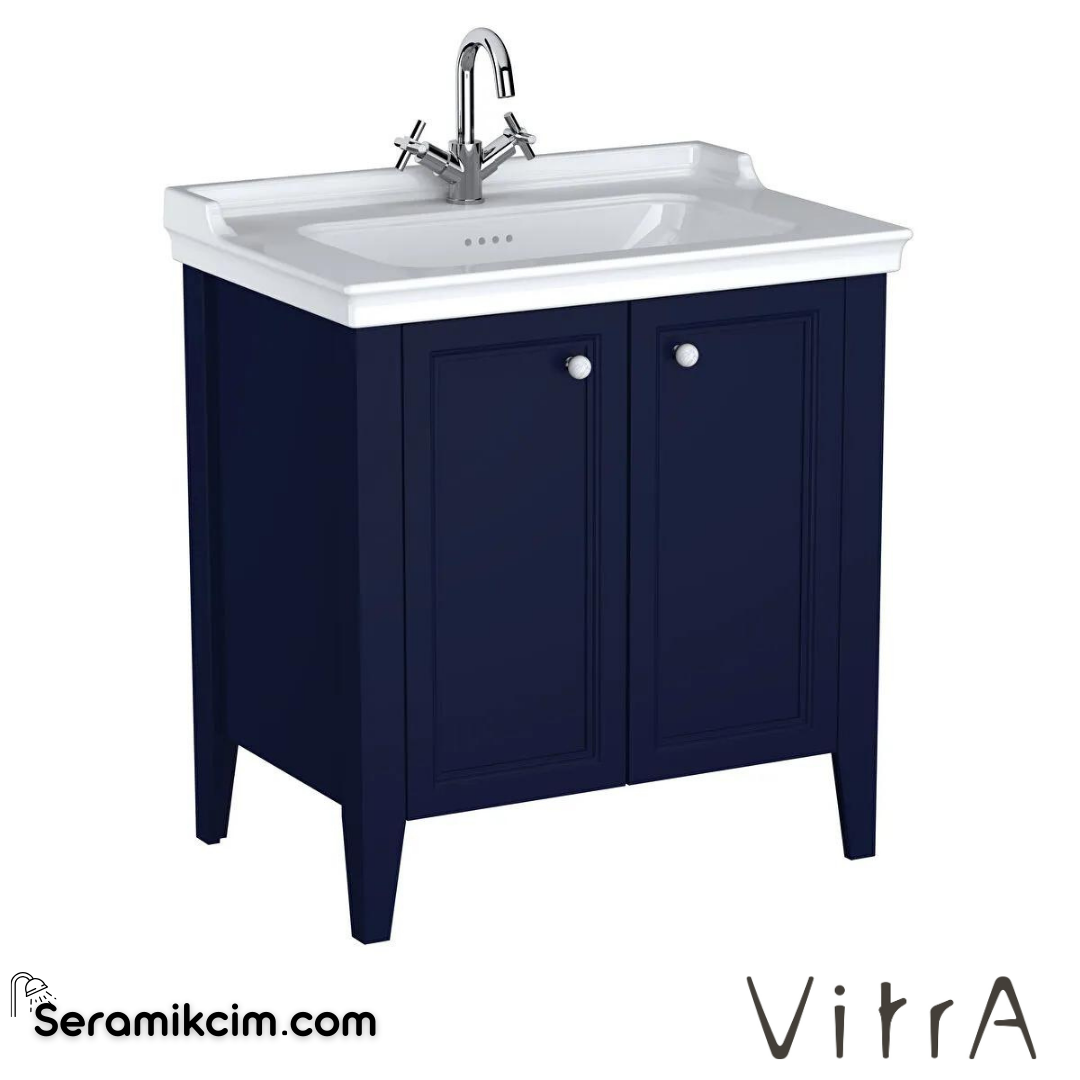 Vitra Valarte Neo Lavabo Dolabı, 80 Cm, Kapaklı, Etajerli Lavabolu, Tek Armatür Delikli, Çelik Mavisi - 65766