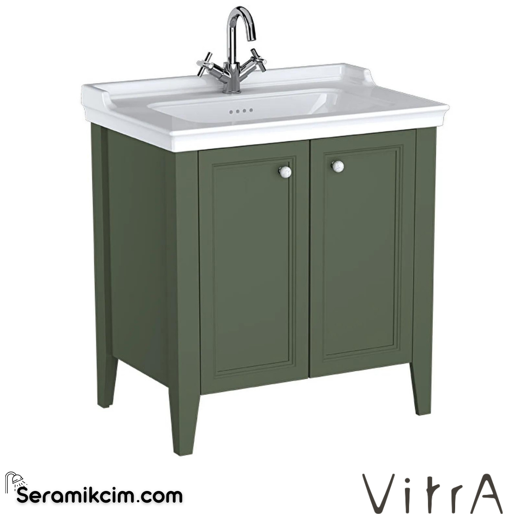 Vitra Valarte Neo Lavabo Dolabı, 80 Cm, Kapaklı, Etajerli Lavabolu, Tek Armatür Delikli, Retro Yeşil - 65805