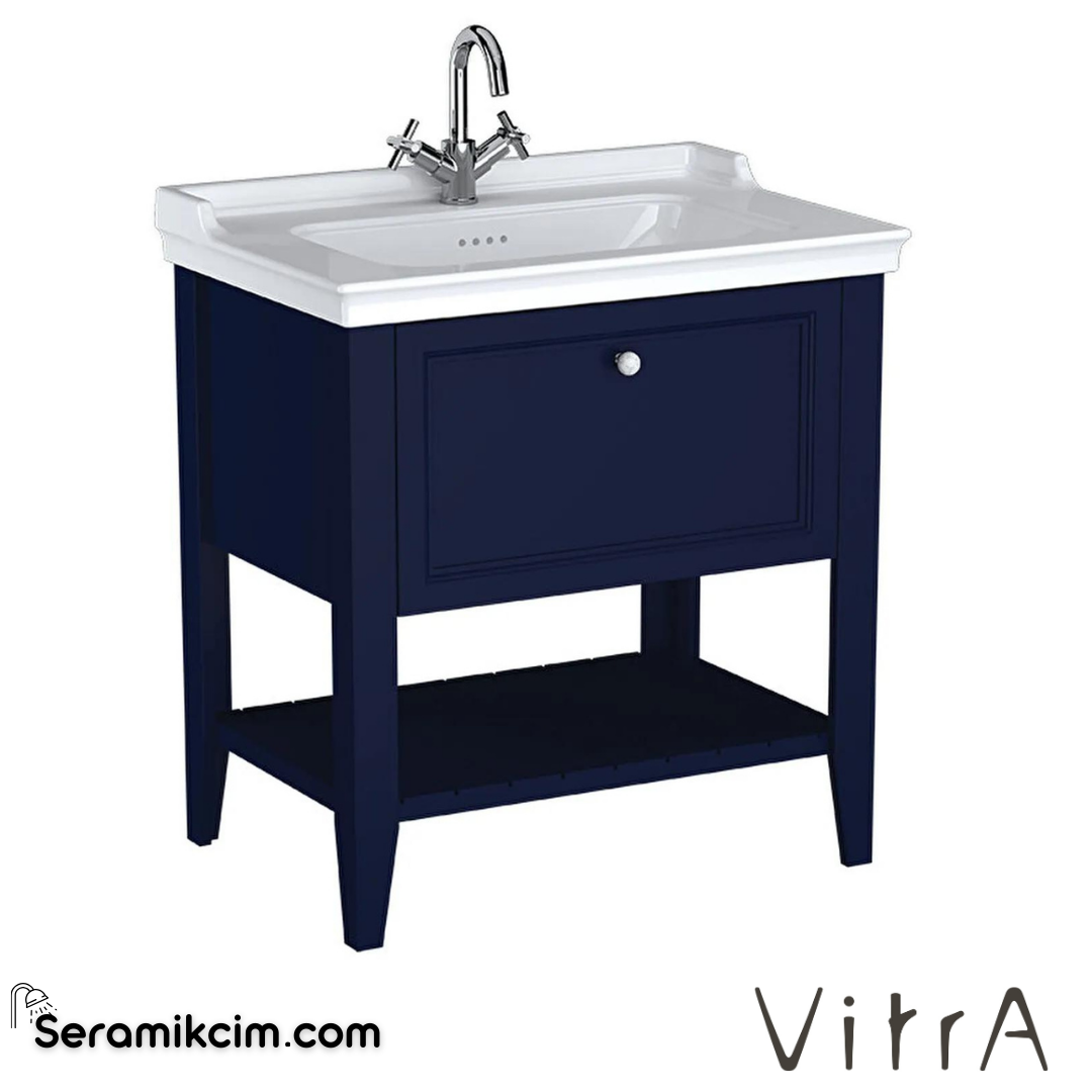 Vitra Valarte Neo Lavabo Dolabı, 80 Cm, Çekmeceli, Etajerli Lavabolu, Tek Armatür Delikli, Çelik Mavisi - 65776