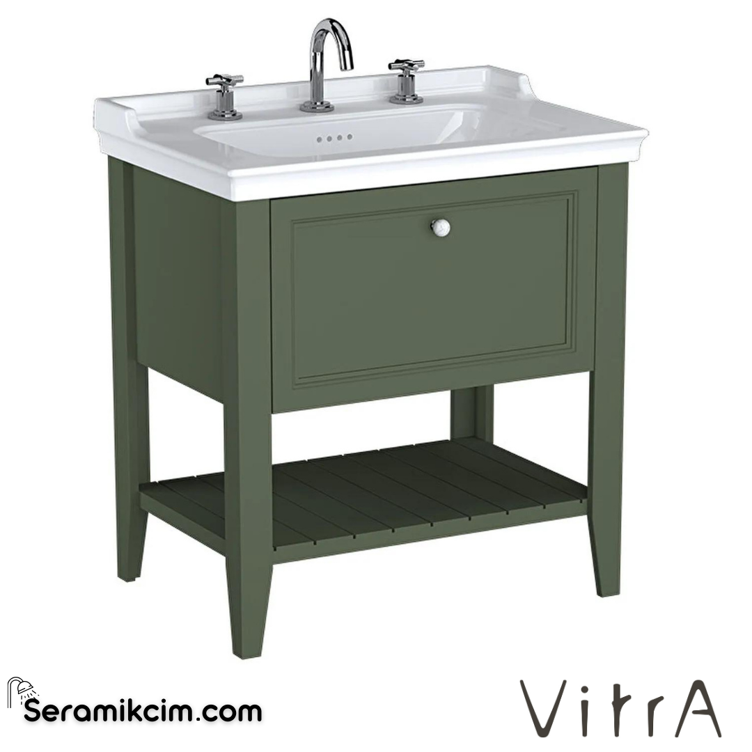 Vitra Valarte Neo Lavabo Dolabı, 80 Cm, Çekmeceli, Etajerli Lavabolu, Üç Armatür Delikli, Retro Yeşil - 65818
