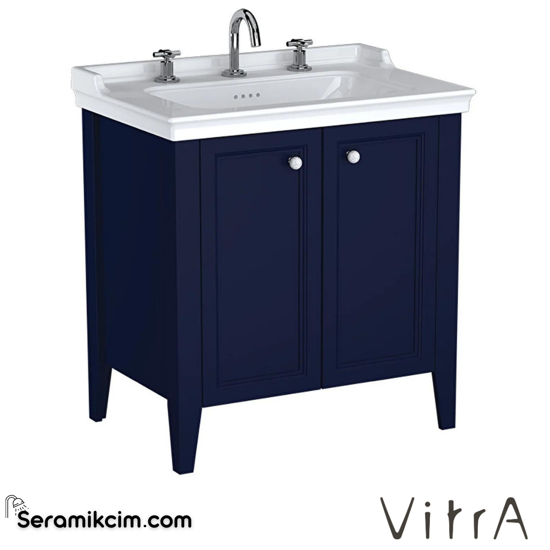 Vitra Valarte Neo Lavabo Dolabı, 80 Cm, Kapaklı, Etajerli Lavabolu, Üç Armatür Delikli, Çelik Mavisi - 65770