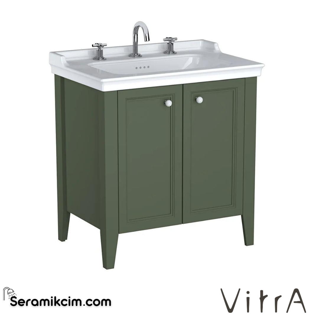 Vitra Valarte Neo Lavabo Dolabı, 80 Cm, Kapaklı, Etajerli Lavabolu, Üç Armatür Delikli, Retro Yeşil - 65836