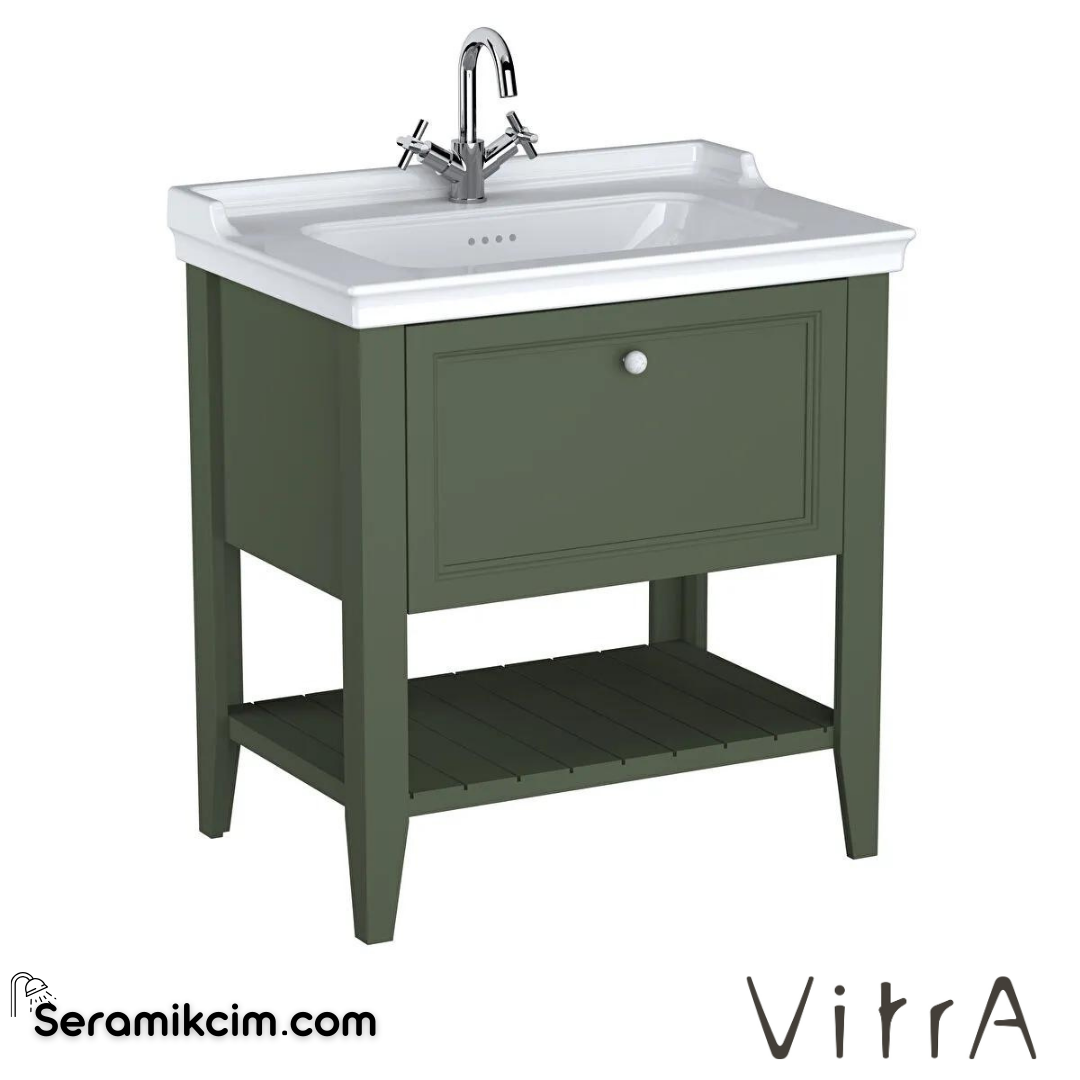 Vitra Valarte Neo Lavabo Dolabı, 80 Cm, Çekmeceli, Etajerli Lavabolu, Tek Armatür Delikli, Retro Yeşil - 65815