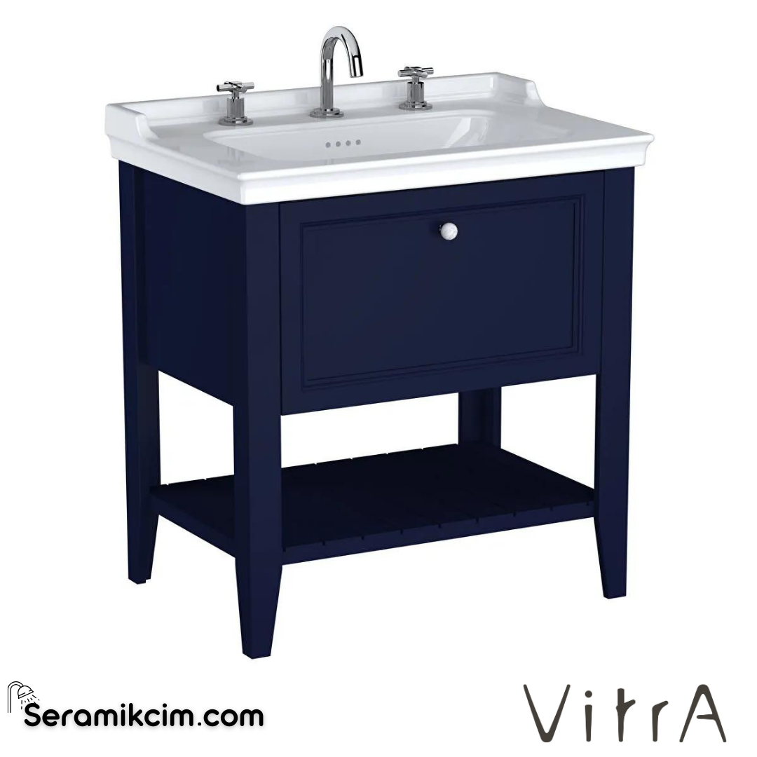Vitra Valarte Neo Lavabo Dolabı, 80 Cm, Çekmeceli, Etajerli Lavabolu, Üç Armatür Delikli, Çelik Mavisi - 65779