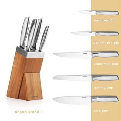 Schafer Solide Ahşap Standlı Bıçak Seti-6 Parça-Kahverengi