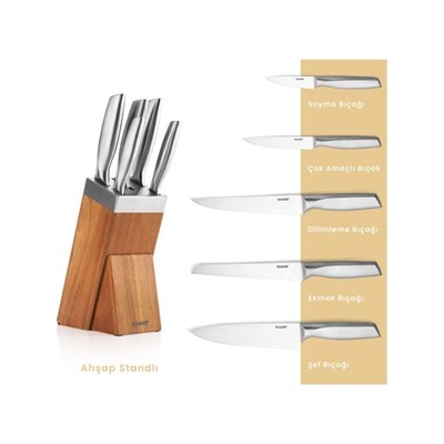 Schafer Solide Ahşap Standlı Bıçak Seti-6 Parça-Kahverengi