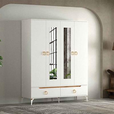 Levent Carina 4 Kapılı 2 Çekmeceli Dolap Beyaz Ceviz