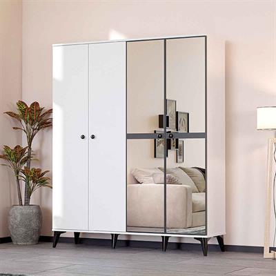 Levent Tire 4 Kapılı Dolap Beyaz Siyah