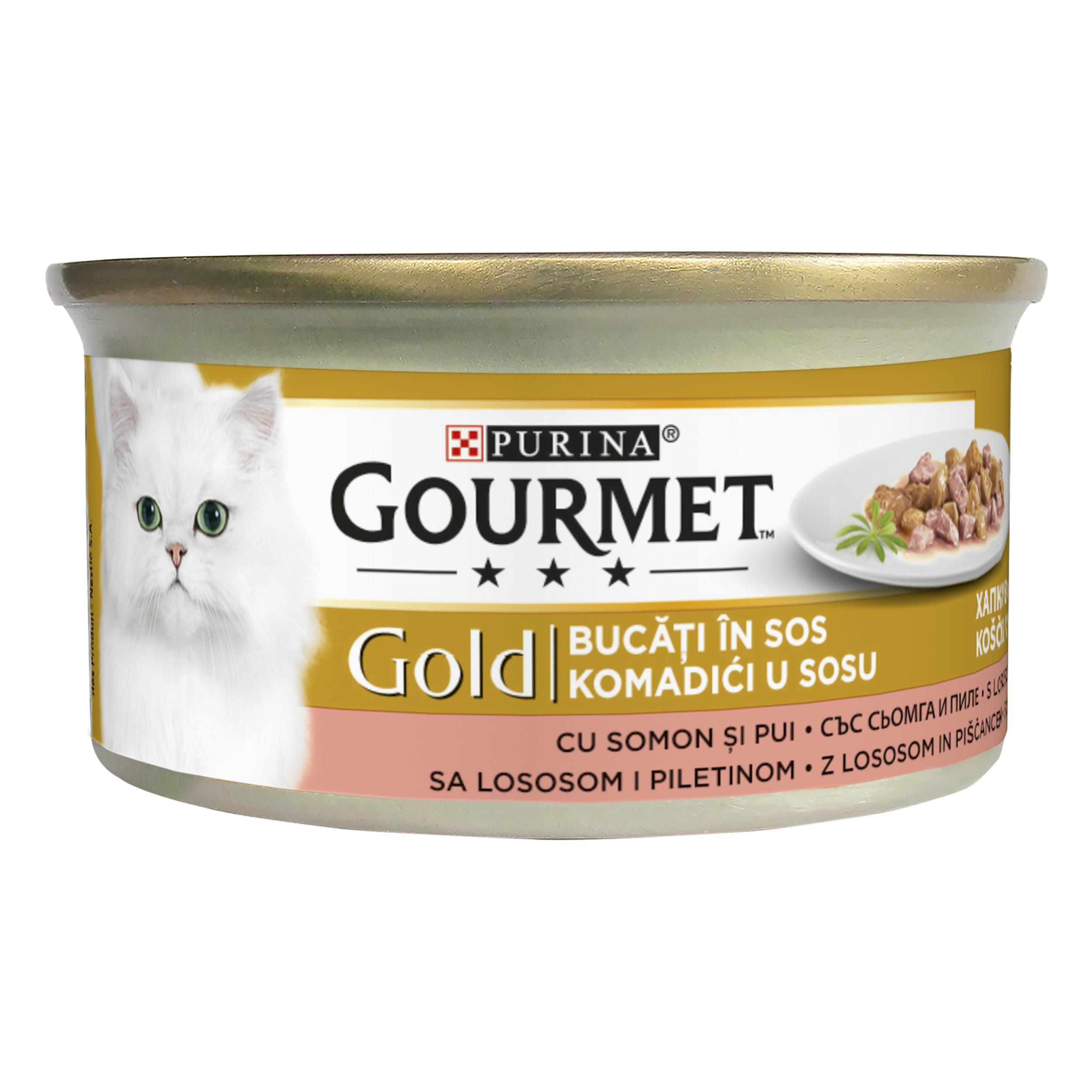 Gourmet Gold Parça Etli Somonlu ve Tavuklu Yetişkin Kedi Konservesi 85 Gr