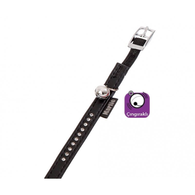 Karlie Deri Taşlı Kedi Boyun Tasması  30cm-11mm Siyah