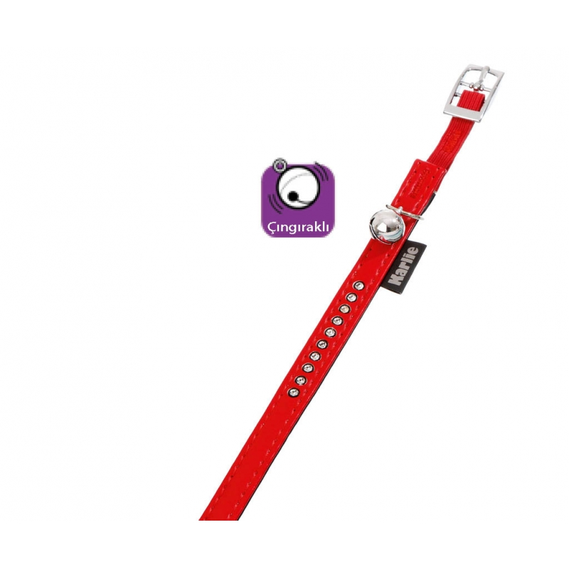 Karlie Deri Taşlı Kedi Boyun Tasması  30cm-11mm Kırmızı