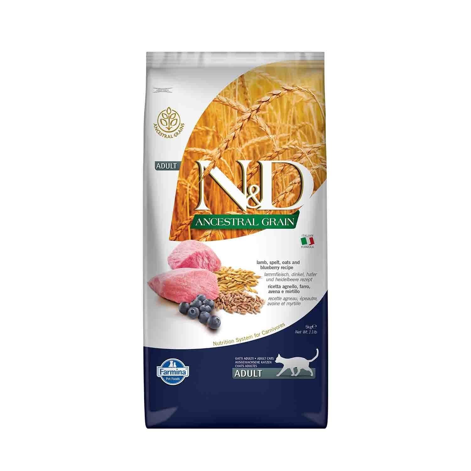 N&D Ancestral Grain Düşük Tahıllı Kuzu Etli Yaban Mersinli Yetişkin Kedi Maması 5 Kg