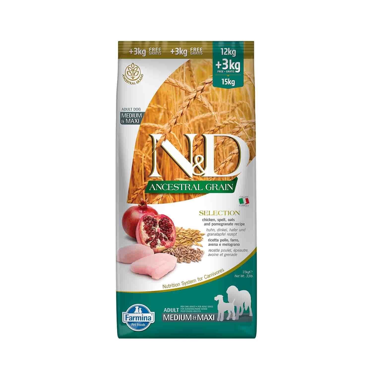 N&D Ancestral Grain Düşük Tahıllı Tavuklu Narlı Orta ve Büyük Irk Yetişkin Köpek Maması 12+3 Kg