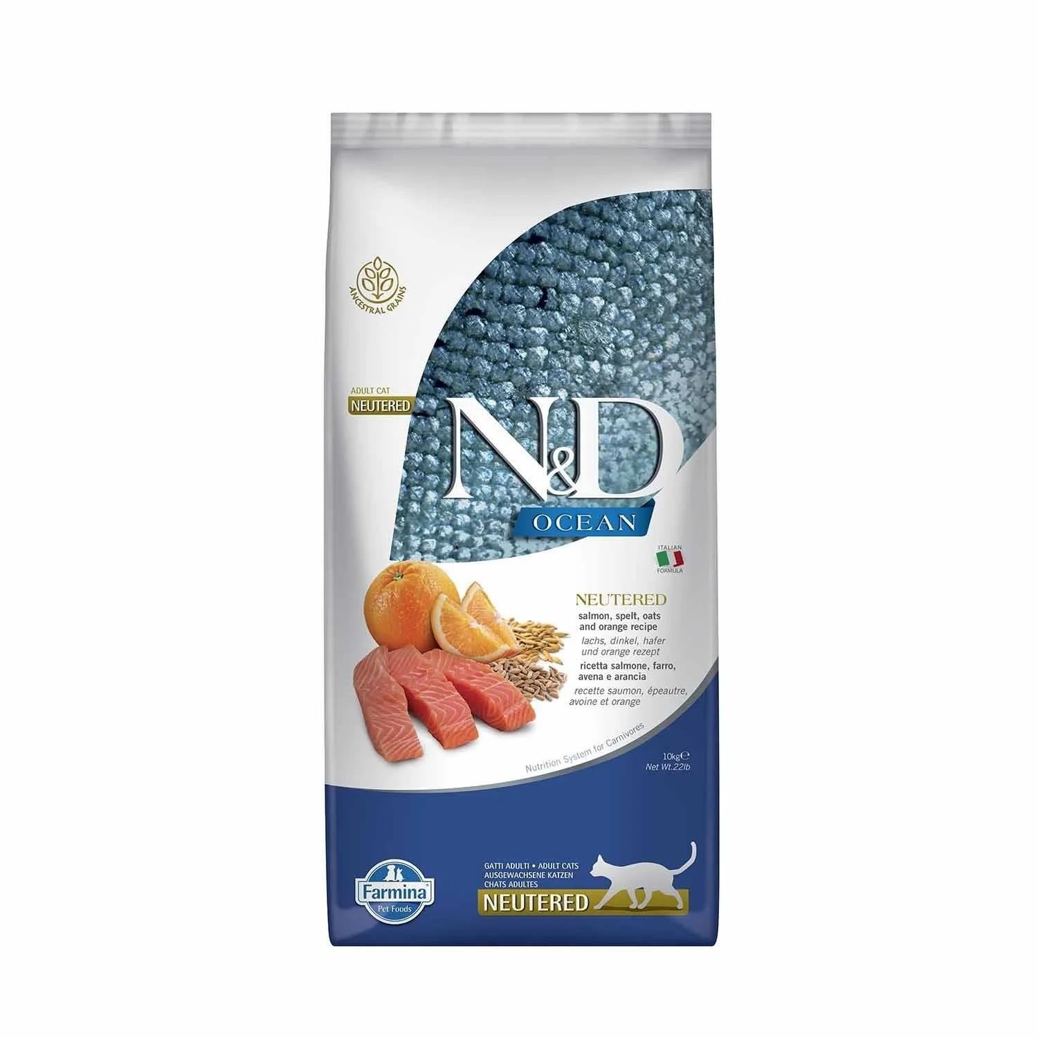 N&D Düşük Tahıllı Somon Balıklı ve Portakallı Kısırlaştırılmış Yetişkin Kedi Maması 10 Kg