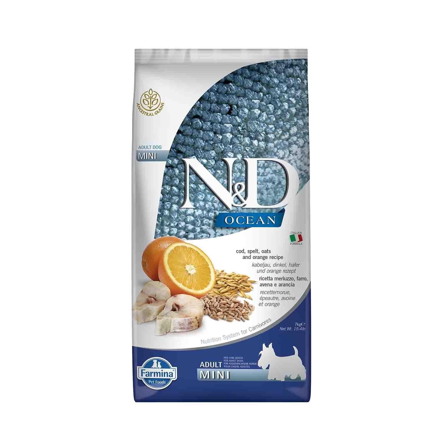 N&D Ocean Mini Düşük Tahıllı Morina Balıklı Portakallı Küçük Irk Yetişkin Köpek Maması 7 Kg