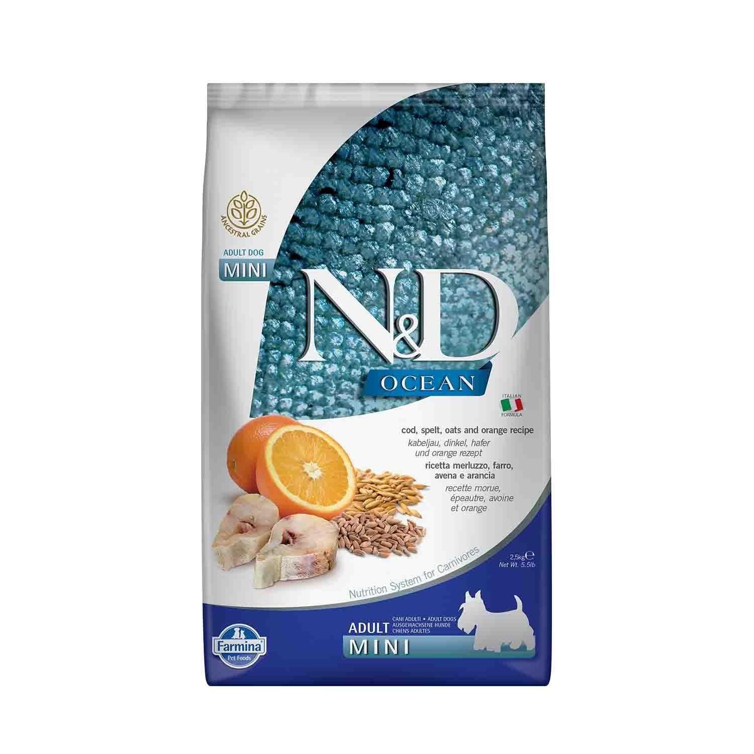 N&D Ocean Mini Düşük Tahıllı Morina Balıklı Portakallı Küçük Irk Yetişkin Köpek Maması 2.5 Kg