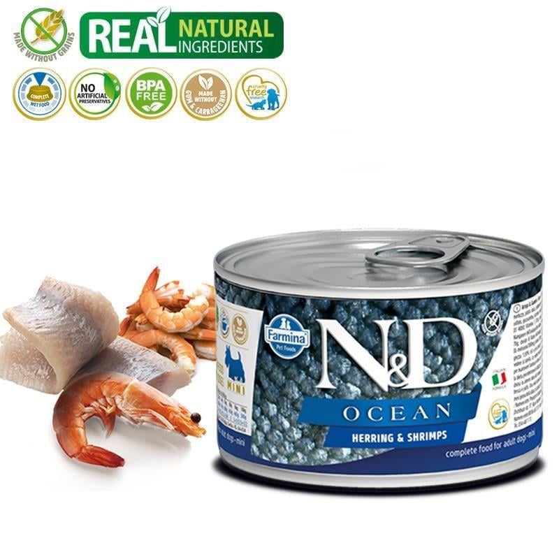 N&D Ocean Mini Ringa Balıklı ve Karidesli Küçük Irk Köpek Konservesi 140 Gr