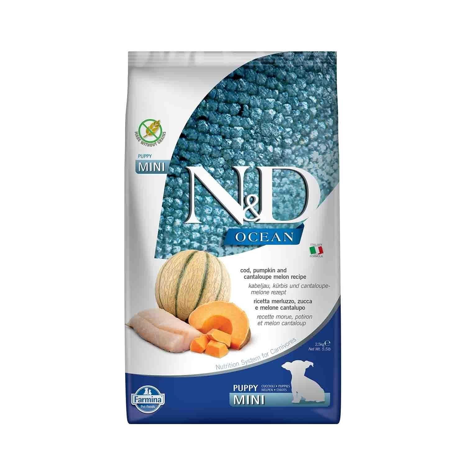 N&D Ocean Puppy Tahılsız Morina Balıklı Bal kabaklı ve Kavunlu Küçük Irk Yavru Köpek Maması 2.5 Kg
