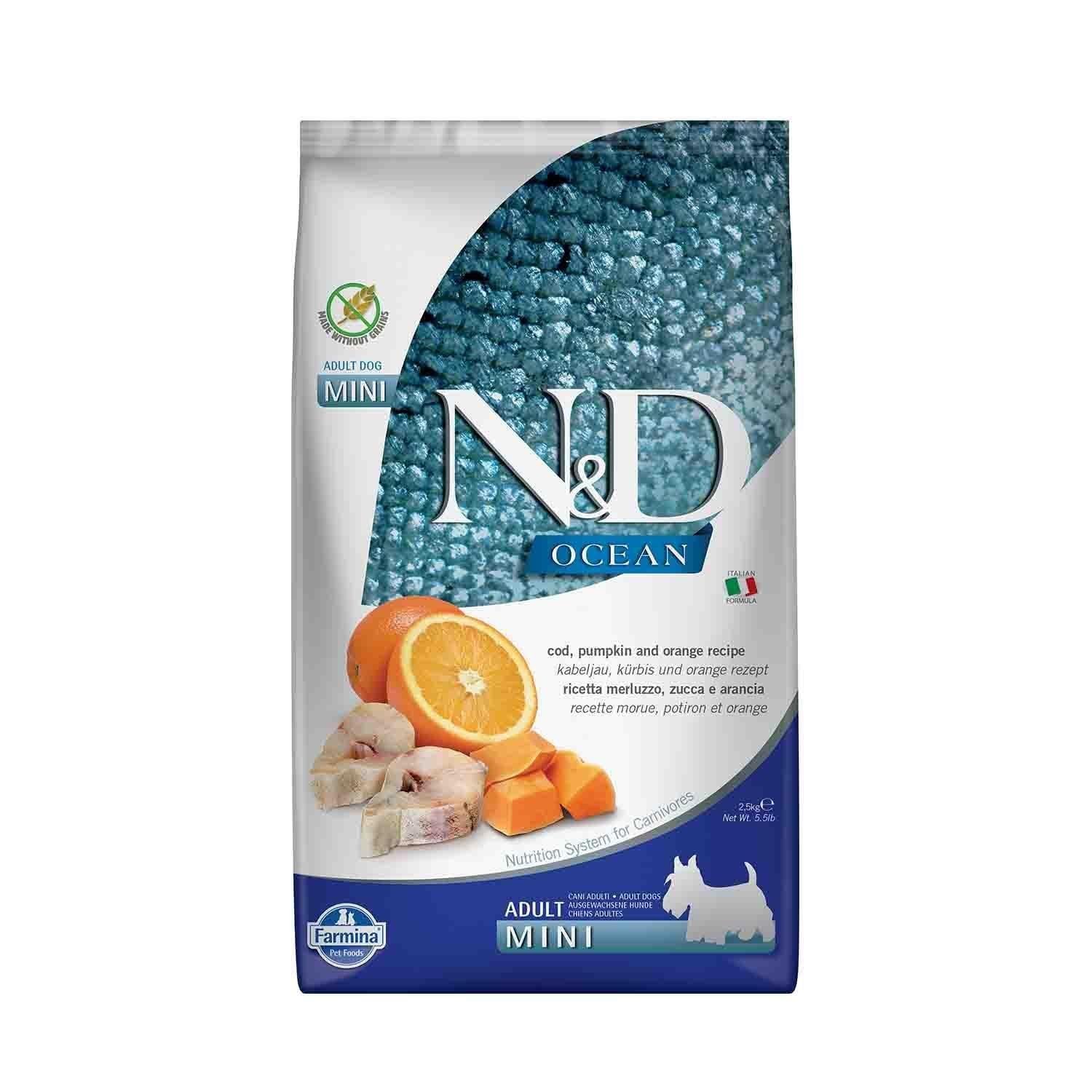 N&D Ocean Tahılsız Mini Bal kabaklı Morina Balıklı ve Portakallı Küçük Irk Yetişkin Köpek Maması 2.5 Kg