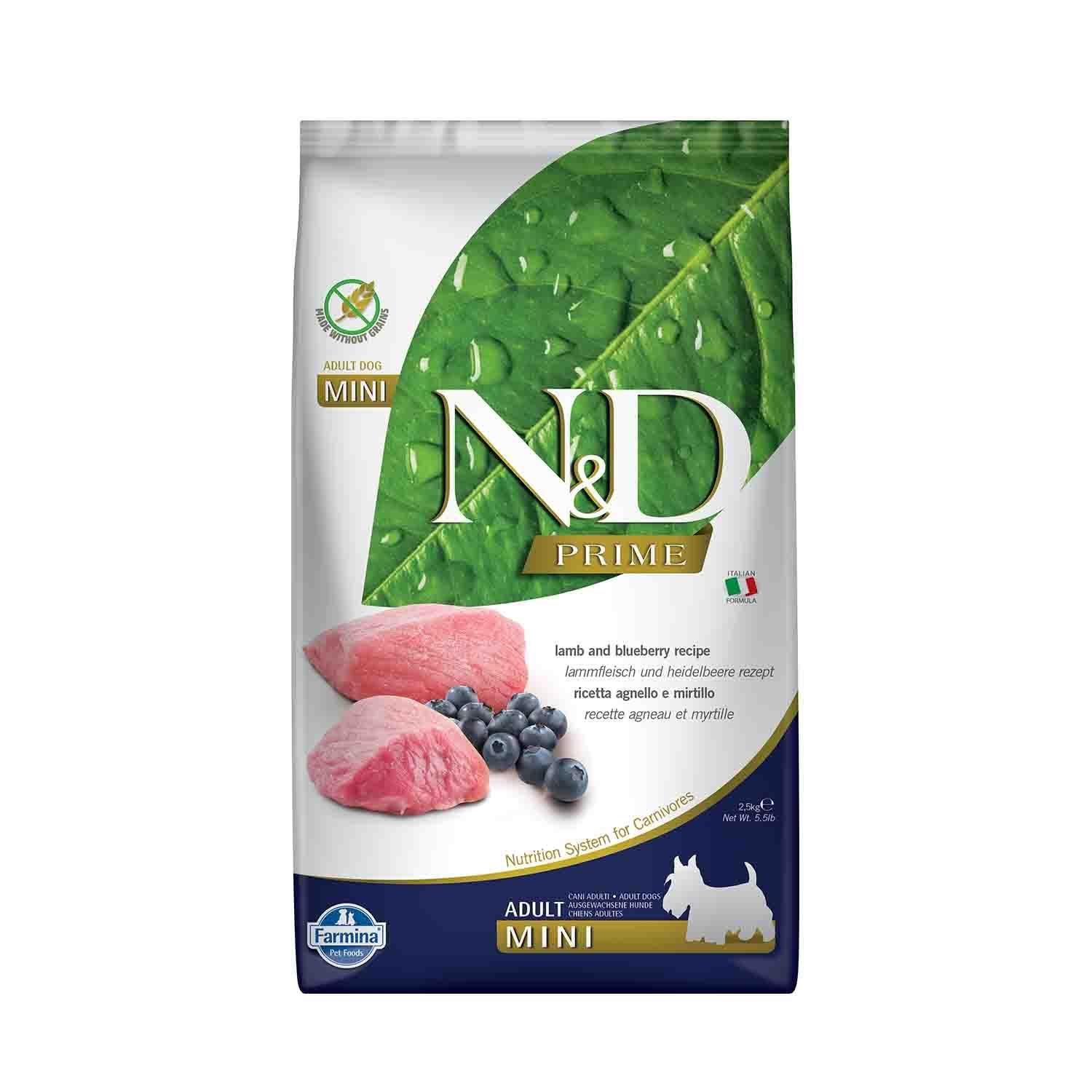 N&D Prime Mini Tahılsız Kuzu Etli Yaban Mersinli Küçük Irk Yetişkin Köpek Maması 2.5 Kg