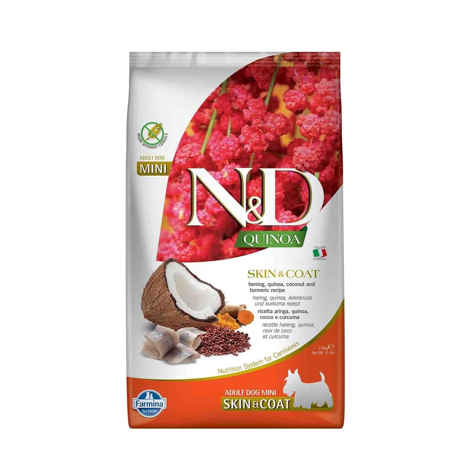 N&D Quinoa Skin Coat Mini Tahılsız Tüy Bakımı Ringa Balıklı ve Hindistan Cevizli Küçük Irk Yetişkin Köpek Maması 2.5 Kg