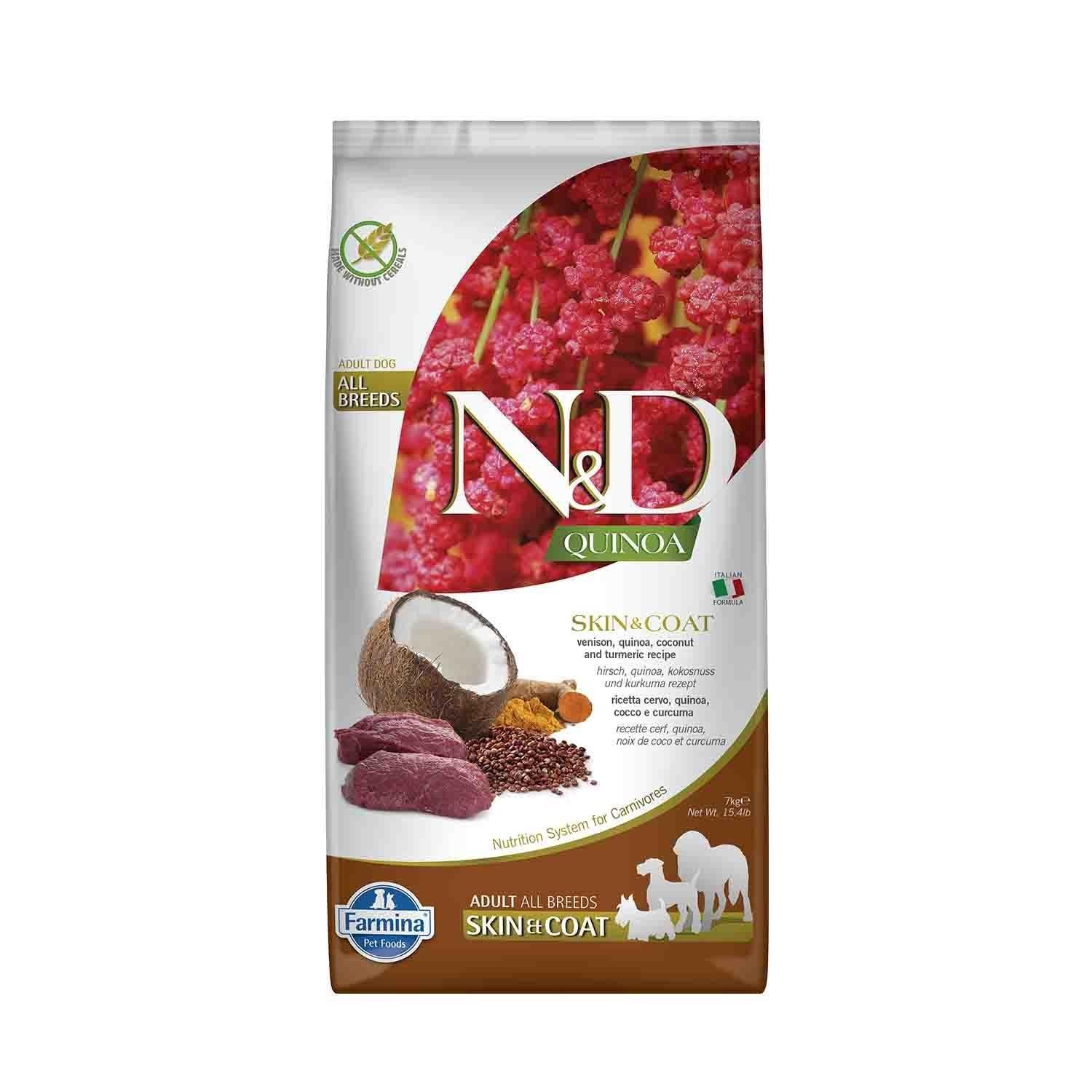 N&D Quinoa Skin Coat Tahılsız Tüy Bakımı Geyik Etli Yetişkin Köpek Maması 7 Kg