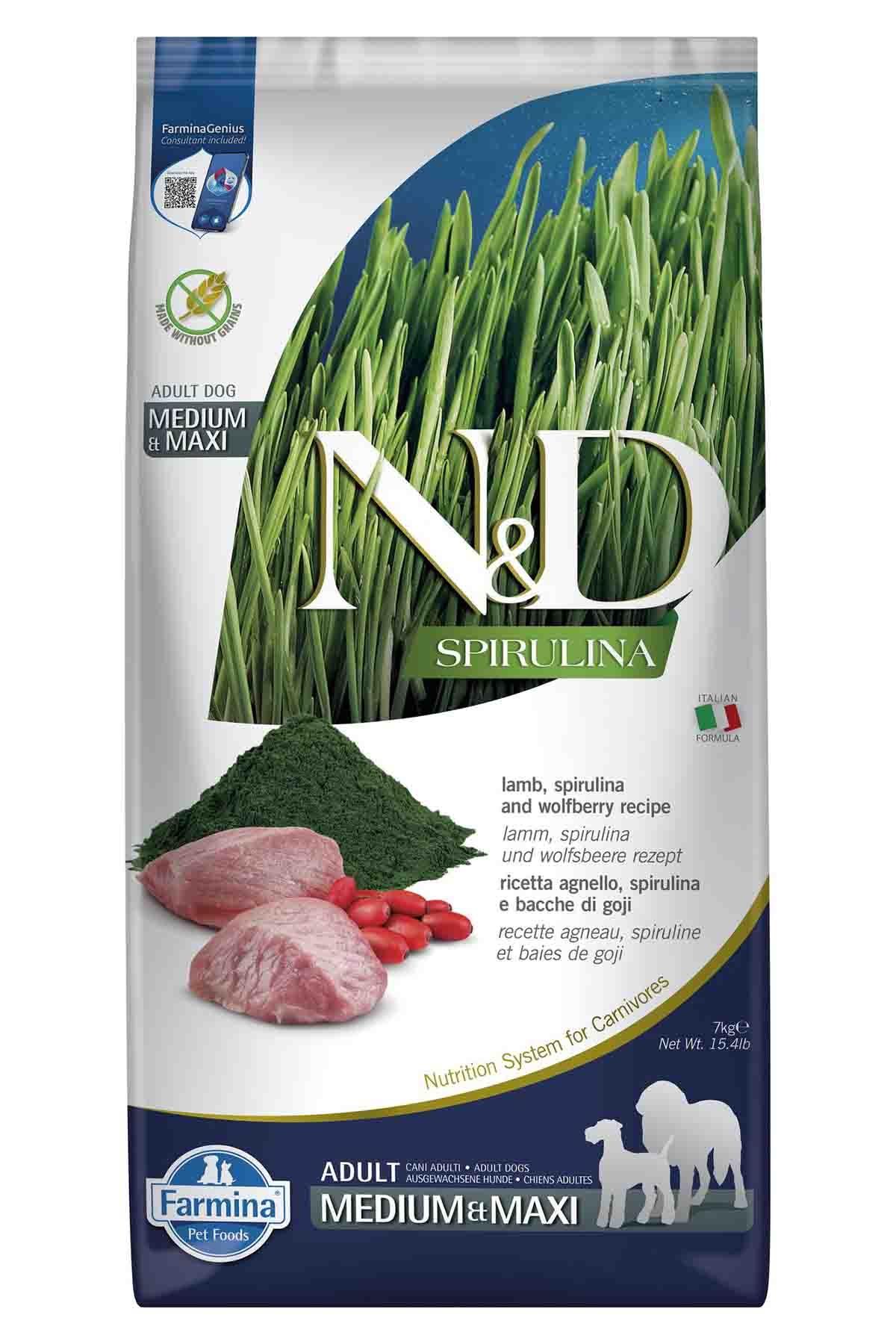 N&D Spirulina Tahılsız Kuzulu Üzümlü Orta ve Büyük Irk Yetişkin Köpek Maması 7 Kg