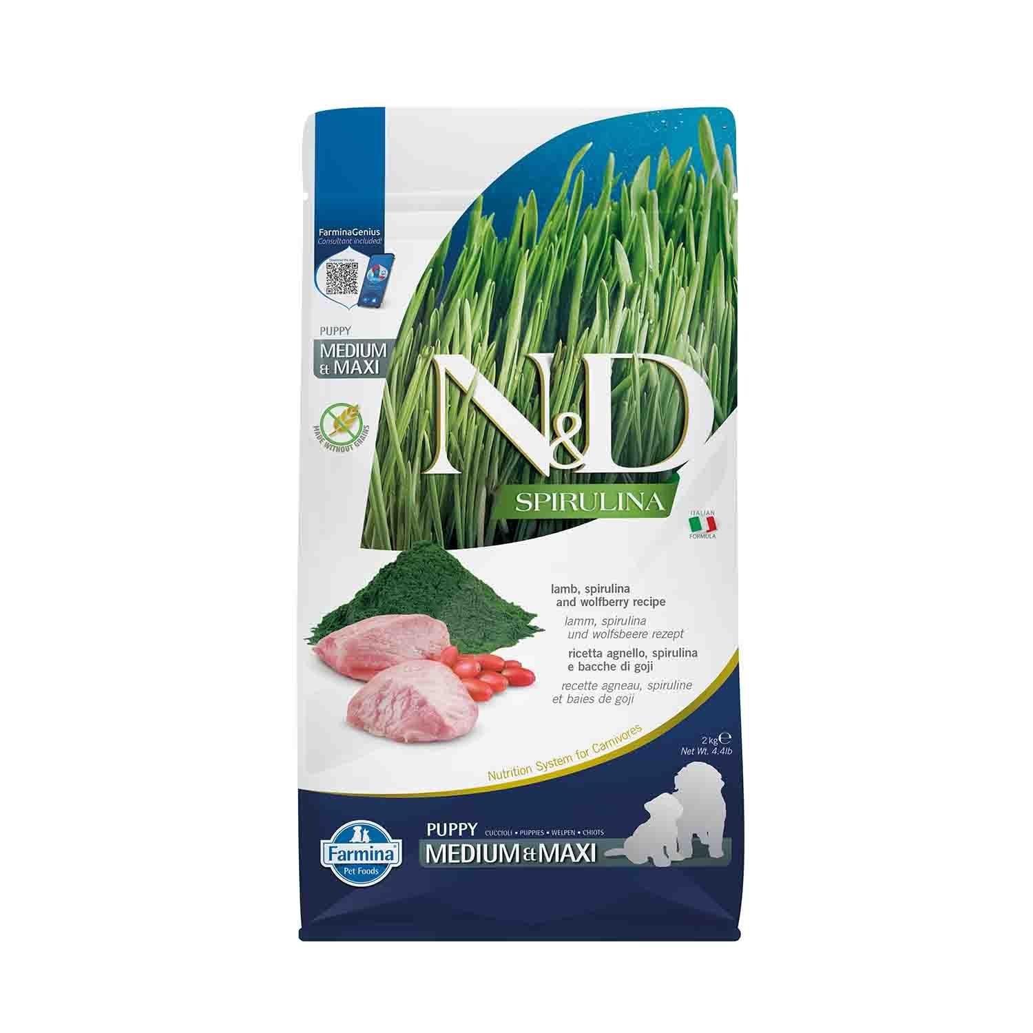 N&D Spirulina Tahılsız Kuzulu ve Üzümlü Orta ve Büyük Irk Yavru Köpek Maması 2 Kg