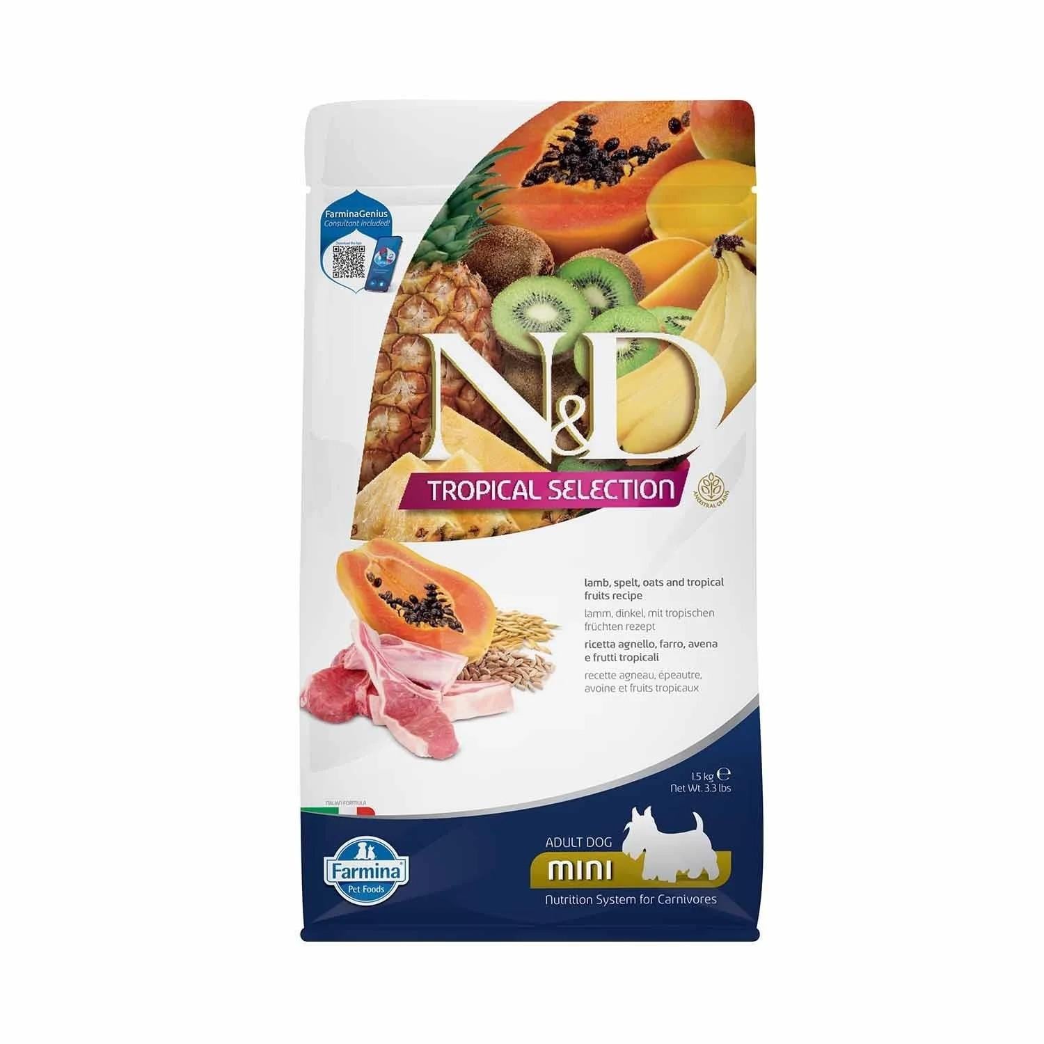 N&D Tropical Selection Adult Mini Düşük Tahıllı Kuzu Etli ve Tropikal Meyveli Küçük Irk Yetişkin Köpek Maması 1.5 Kg