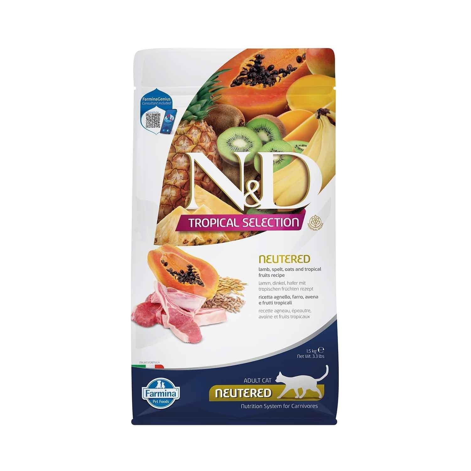 N&D Tropical Selection Düşük Tahıllı Kuzu Etli ve Tropikal Meyveli Kısırlaştırılmış Kedi Maması 1.5 Kg