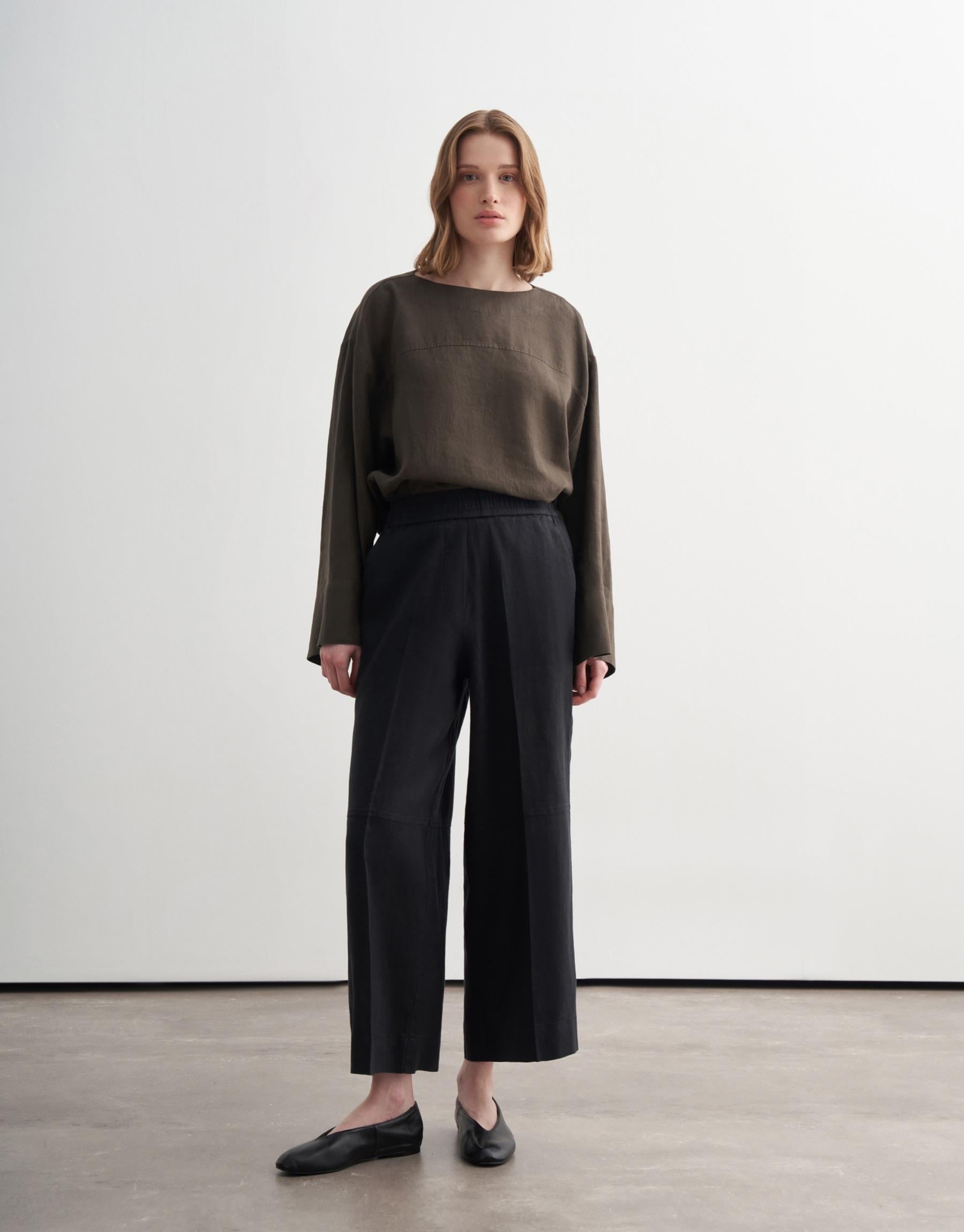 %100 Keten Culotte Pantolon Siyah