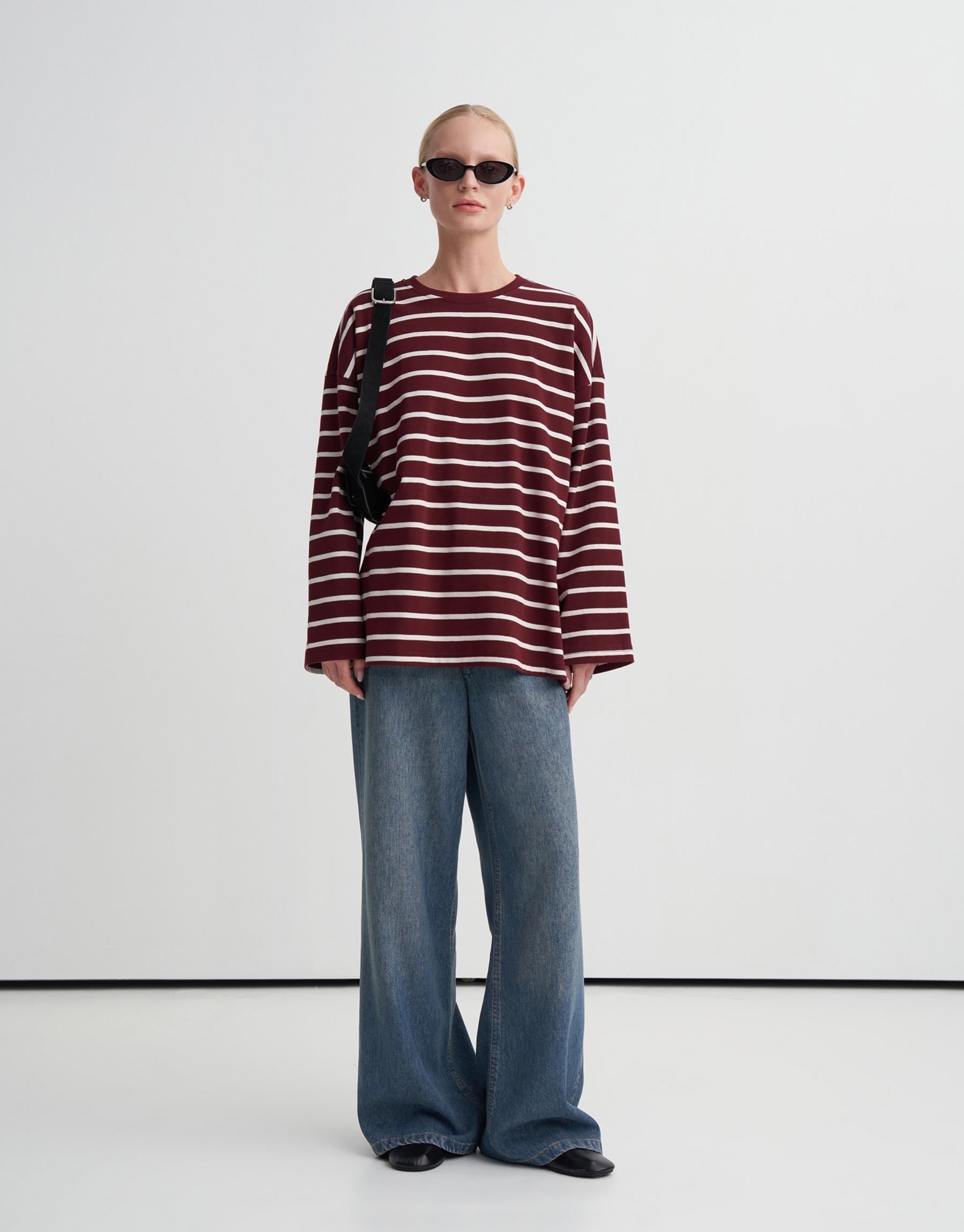 %100 PAMUK ÇİZGİLİ BASİC SWEATSHİRT BORDO