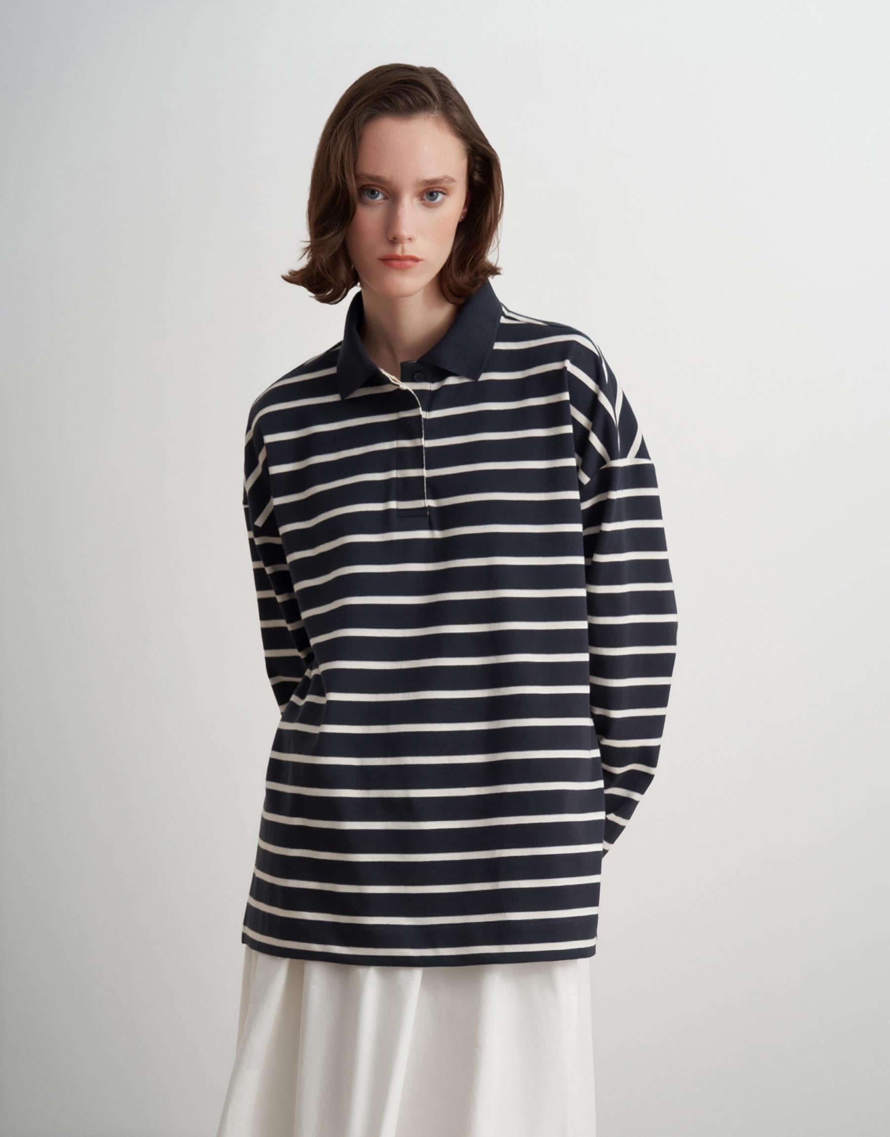 %100 Pamuk Çizgili Sweatshirt Lacivert