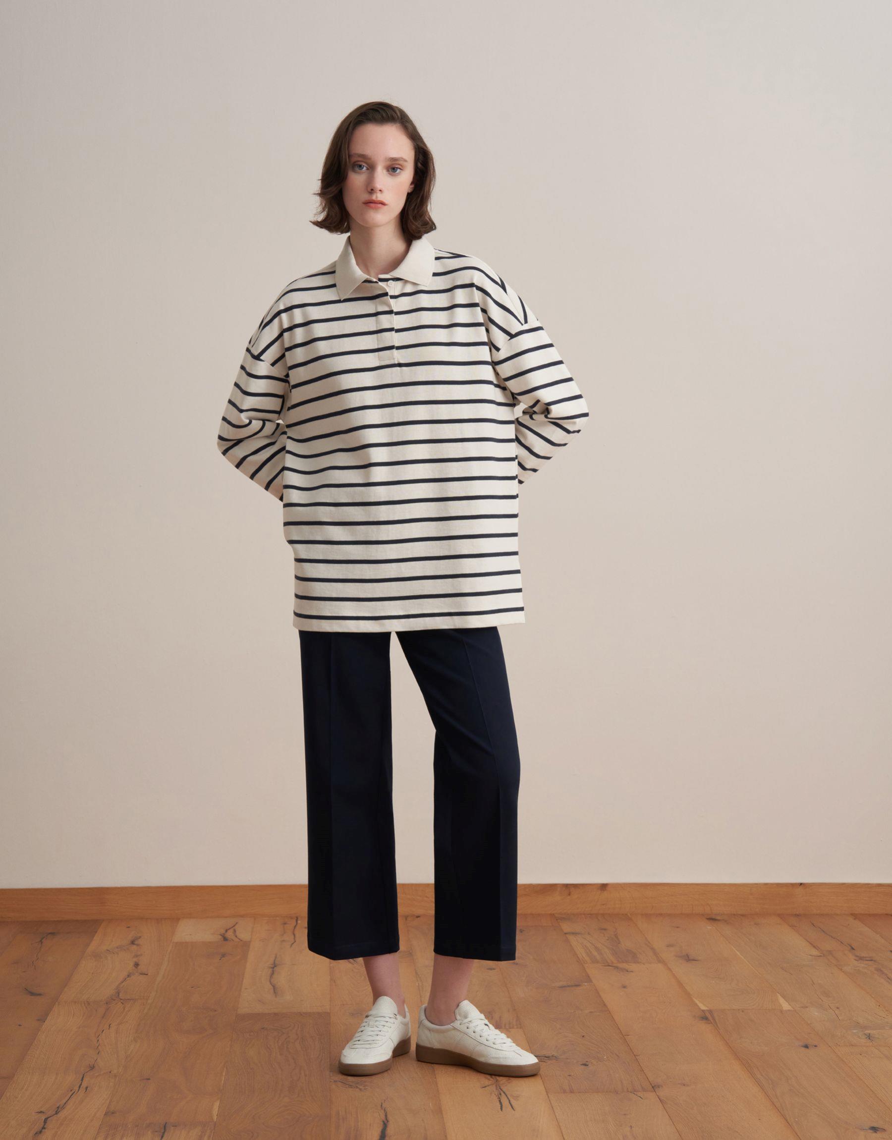 %100 Pamuk Çizgili Sweatshirt Siyah