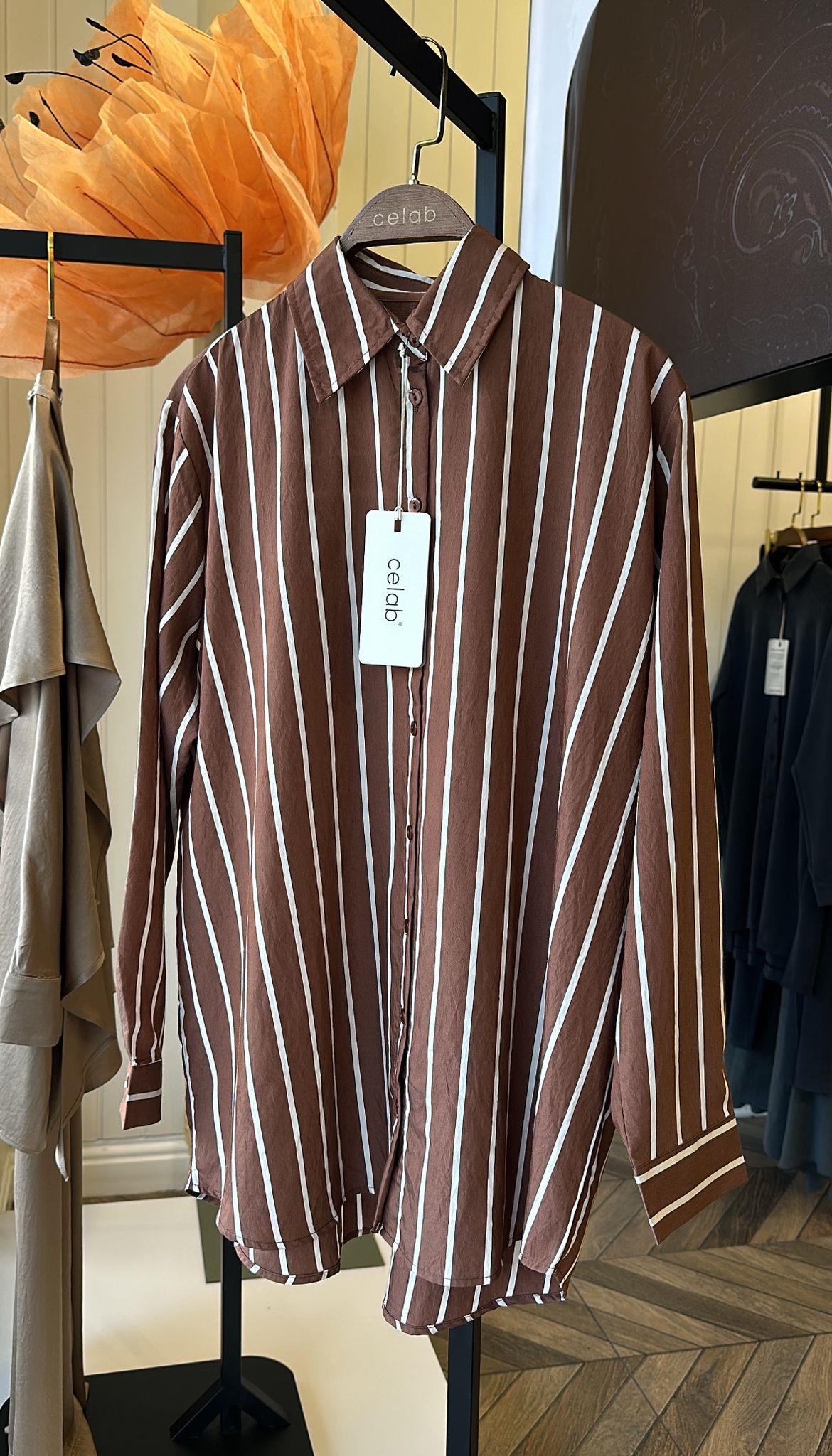 34863 KALIN ÇİZGİLİ GÖMLEK KARAMEL